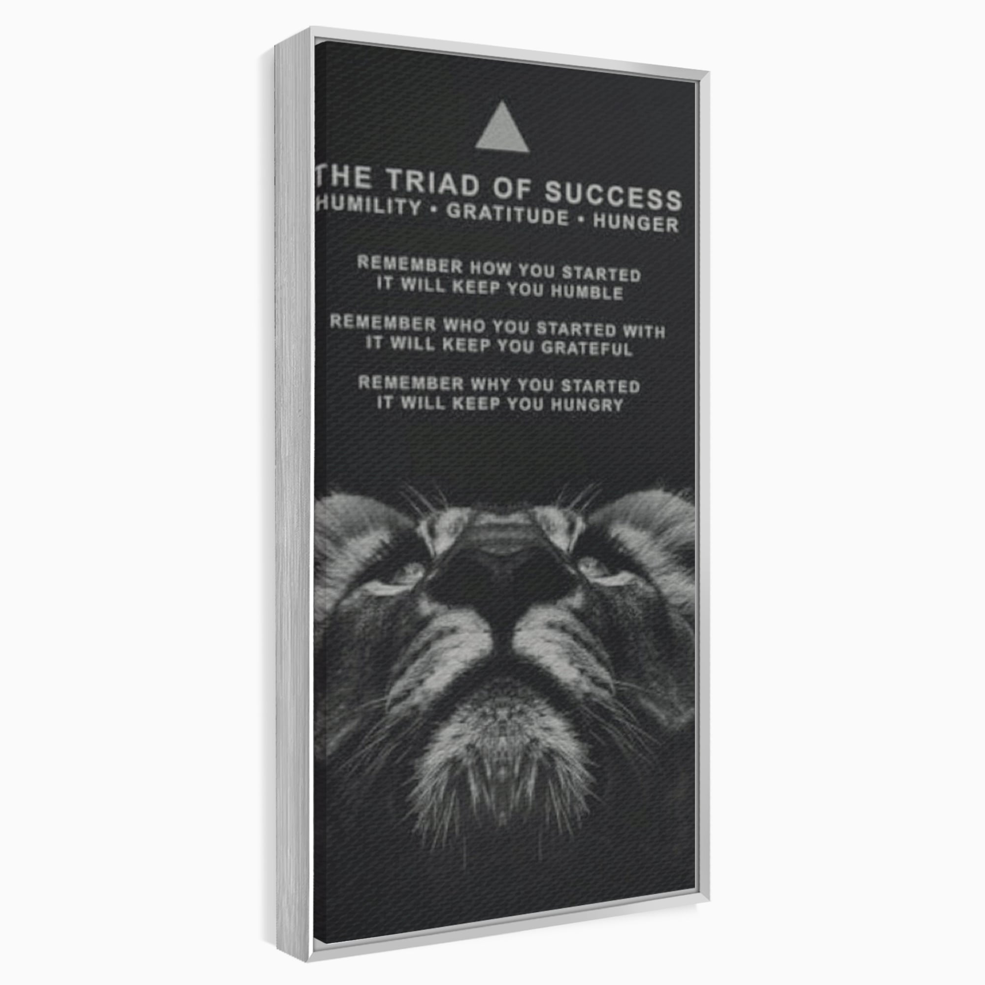 Tablou canvas cu tablou motivational cu cap de leu, in rama de aluminiu argintiu